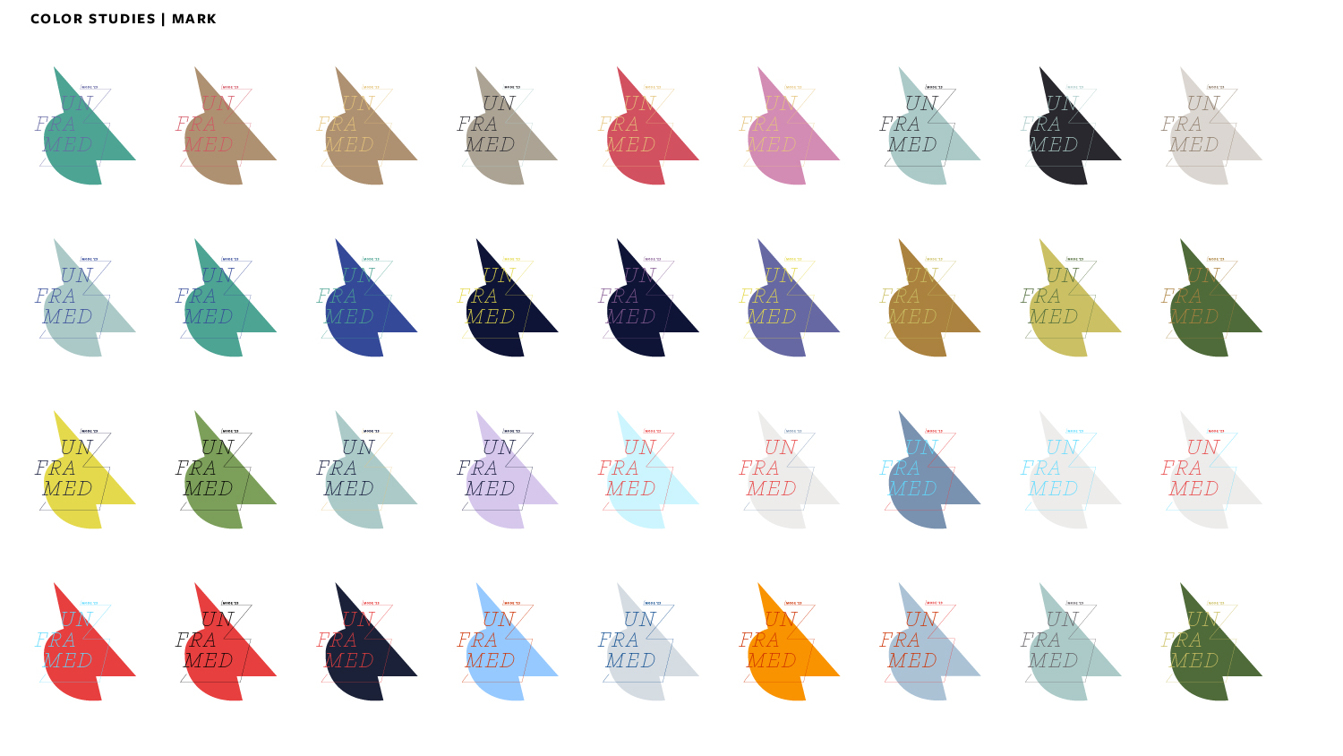 Mark explorations conducted with shapes derived from the headlining typeface