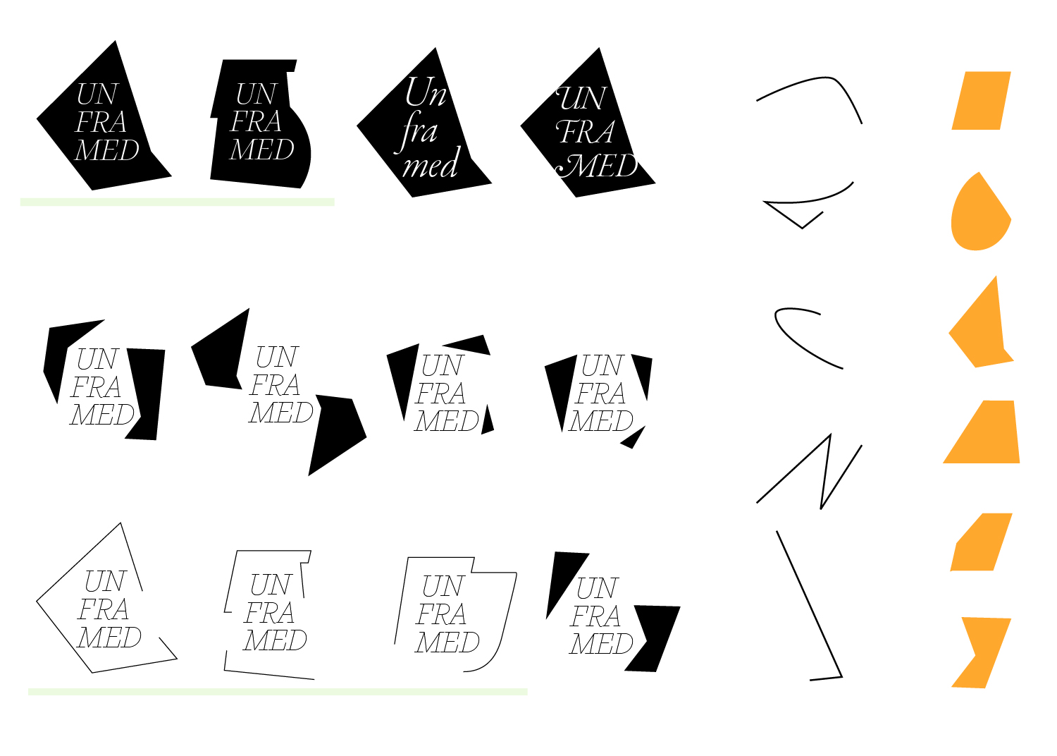 Mark explorations conducted with shapes derived from the headlining typeface
